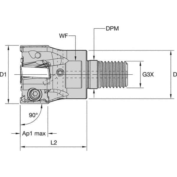 Kennametal - 35mm Cut Diam, 15.5mm Max Depth of Cut, 1.142" Shank Diam, 64mm OAL, Indexable Square Shoulder End Mill - LNGU15T608SRGE Inserts, M16 Modular Connection, 0° Lead Angle, Through Coolant, Series MILL 4-15 - Exact Tool & Supply