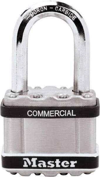 Master Lock - 1-1/2" Shackle Clearance, Keyed Different Padlock - 3/8" Shackle Diam, Laminated Steel - Exact Tool & Supply