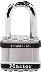 Master Lock - 1-1/2" Shackle Clearance, Keyed Different Padlock - 3/8" Shackle Diam, Laminated Steel - Exact Tool & Supply