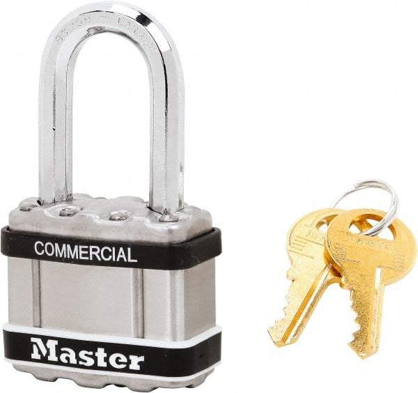 Master Lock - 1-1/2" Shackle Clearance, Keyed Alike Padlock - 5/16" Shackle Diam, Laminated Steel - Exact Tool & Supply