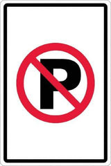 NMC - "No Parking Anytime", "Strike on P", 12" Wide x 18" High, Aluminum No Parking & Tow Away Signs - 0.063" Thick, Red & Black on White, Rectangle, Post Mount - Exact Tool & Supply