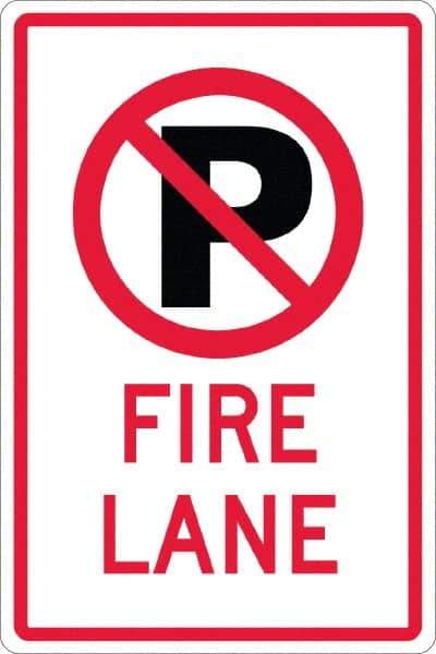 NMC - "Fire Lane", "Strike on P", 12" Wide x 18" High, Aluminum No Parking & Tow Away Signs - 0.08" Thick, Red & Black on White, High Intensity Reflectivity, Rectangle, Post Mount - Exact Tool & Supply