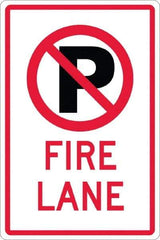 NMC - "Fire Lane", "Strike on P", 12" Wide x 18" High, Aluminum No Parking & Tow Away Signs - 0.08" Thick, Red & Black on White, High Intensity Reflectivity, Rectangle, Post Mount - Exact Tool & Supply