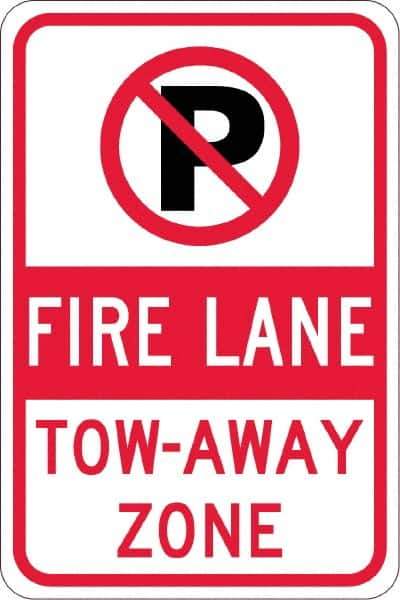 NMC - "Fire Lane Tow-Away Zone", "Strike on P", 12" Wide x 18" High, Aluminum No Parking & Tow Away Signs - 0.08" Thick, Red & Black on White, Engineer Grade Reflectivity, Rectangle, Post Mount - Exact Tool & Supply
