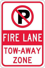 NMC - "Fire Lane Tow-Away Zone", "Strike on P", 12" Wide x 18" High, Aluminum No Parking & Tow Away Signs - 0.08" Thick, Red & Black on White, Engineer Grade Reflectivity, Rectangle, Post Mount - Exact Tool & Supply