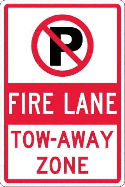 NMC - "Fire Lane Tow-Away Zone", "Strike on P", 12" Wide x 18" High, Aluminum No Parking & Tow Away Signs - 0.063" Thick, Red & Black on White, Rectangle, Post Mount - Exact Tool & Supply