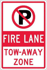 NMC - "Fire Lane Tow-Away Zone", "Strike on P", 12" Wide x 18" High, Aluminum No Parking & Tow Away Signs - 0.063" Thick, Red & Black on White, Rectangle, Post Mount - Exact Tool & Supply