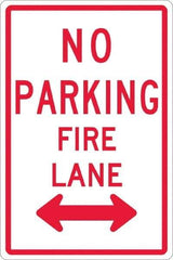 NMC - "No Parking - Fire Lane", "Double Arrow", 12" Wide x 18" High, Aluminum No Parking & Tow Away Signs - 0.08" Thick, Red on White, Engineer Grade Reflectivity, Rectangle, Post Mount - Exact Tool & Supply