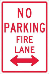NMC - "No Parking - Fire Lane", "Double Arrow", 12" Wide x 18" High, Aluminum No Parking & Tow Away Signs - 0.063" Thick, Red on White, Rectangle, Post Mount - Exact Tool & Supply
