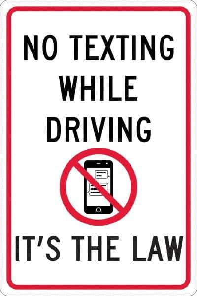 NMC - "No Texting While Driving It's The Law", "Strike on Cell Phone", 12" Wide x 18" High, Aluminum Warning & Safety Reminder Signs - 0.063" Thick, Red & Black on White, Rectangle, Post Mount - Exact Tool & Supply