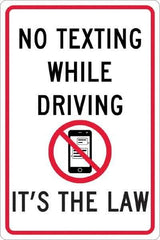NMC - "No Texting While Driving It's The Law", "Strike on Cell Phone", 12" Wide x 18" High, Aluminum Warning & Safety Reminder Signs - 0.063" Thick, Red & Black on White, Rectangle, Post Mount - Exact Tool & Supply