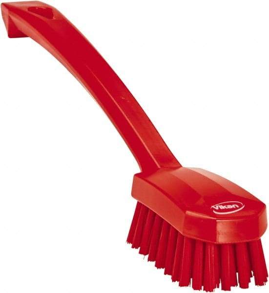 Vikan - 0.8" Bristle Length, Polyester Food Service Brush - 3" Long x 1.6" Wide Head, 10.2" OAL, Ergonomic Handle, Red, Polypropylene Block - Exact Tool & Supply