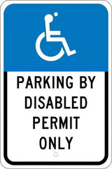 NMC - "Parking By Disabled Permit Only", "Handicap Symbol", 12" Wide x 18" High, Aluminum ADA Signs - 0.08" Thick, White on Blue, Engineer Grade Reflectivity, Rectangle, Post Mount - Exact Tool & Supply