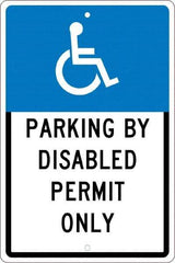 NMC - "Parking By Disabled Permit Only", "Handicap Symbol", 12" Wide x 18" High, Aluminum ADA Signs - 0.063" Thick, White on Blue, Rectangle, Post Mount - Exact Tool & Supply