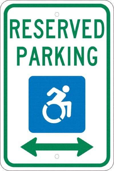 NMC - "Reserved Parking", "Handicap Symbol", 12" Wide x 18" High, Aluminum ADA Signs - 0.08" Thick, Green & Blue on White, Engineer Grade Reflectivity, Rectangle, Post Mount - Exact Tool & Supply