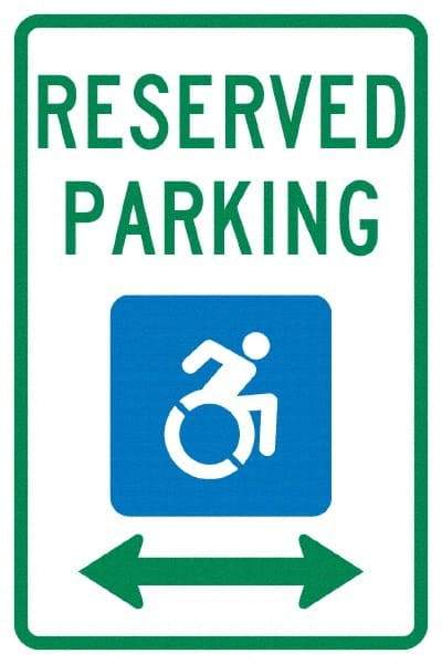 NMC - "Reserved Parking", "Handicap Symbol", 12" Wide x 18" High, Aluminum ADA Signs - 0.04" Thick, Green & Blue on White, Rectangle, Post Mount - Exact Tool & Supply