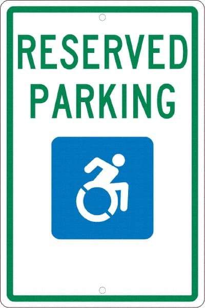 NMC - "Reserved Parking", "Handicap Symbol", 12" Wide x 18" High, Aluminum ADA Signs - 0.063" Thick, Green & Blue on White, Rectangle, Post Mount - Exact Tool & Supply