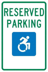 NMC - "Reserved Parking", "Handicap Symbol", 12" Wide x 18" High, Aluminum ADA Signs - 0.04" Thick, Green & Blue on White, Rectangle, Post Mount - Exact Tool & Supply