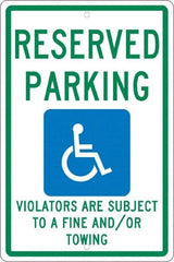 NMC - "Reserved Parking Violators Are Subject To A Fine And/Or Towing", "Handicap Symbol", 12" Wide x 18" High, Aluminum ADA Signs - 0.063" Thick, Green & Blue on White, Rectangle, Post Mount - Exact Tool & Supply