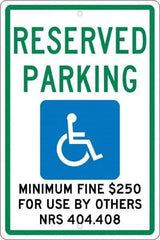 NMC - "Reserved Parking Minimum Fine $250 For Use By Others Nrs 404.408", "Handicap Symbol", 12" Wide x 18" High, Aluminum ADA Signs - 0.063" Thick, Green & Blue on White, Rectangle, Post Mount - Exact Tool & Supply
