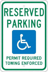 NMC - "Reserved Parking Permit Required Towing Enforced", "Handicap Symbol", 12" Wide x 18" High, Aluminum Reserved Parking Signs - 0.08" Thick, Green & Blue on White, Engineer Grade Reflectivity, Rectangle, Post Mount - Exact Tool & Supply