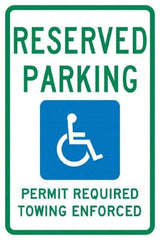 NMC - "Reserved Parking Permit Required Towing Enforced", "Handicap Symbol", 12" Wide x 18" High, Aluminum Reserved Parking Signs - 0.04" Thick, Green & Blue on White, Rectangle, Post Mount - Exact Tool & Supply