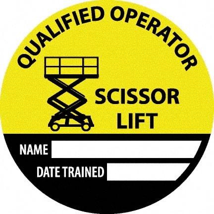 NMC - Safety Trained Scissor Lift - Name ____ Date Trained ____, Hard Hat Label - Round, Yellow, Black, White, 0.004" Thick, Indoor or Outdoor, Adhesive Backed, For Accident Prevention - Exact Tool & Supply