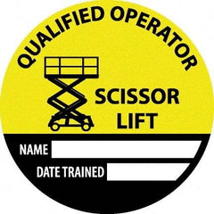 NMC - Safety Trained Scissor Lift - Name ____ Date Trained ____, Hard Hat Label - Round, Yellow, Black, White, 0.004" Thick, Indoor or Outdoor, Adhesive Backed, For Accident Prevention - Exact Tool & Supply