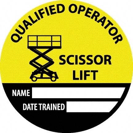 NMC - Safety Trained Scissor Lift - Name ____ Date Trained ____, Hard Hat Label - Round, Yellow, Black, White, 0.004" Thick, Indoor or Outdoor, Adhesive Backed, For Accident Prevention - Exact Tool & Supply