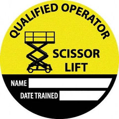 NMC - Safety Trained Scissor Lift - Name ____ Date Trained ____, Hard Hat Label - Round, Yellow, Black, White, 0.004" Thick, Indoor or Outdoor, Adhesive Backed, For Accident Prevention - Exact Tool & Supply