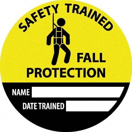 NMC - Safety Trained Fall Protection - Name ____ Date Trained ____, Hard Hat Label - Round, Yellow, Black, White, 0.004" Thick, Indoor or Outdoor, Adhesive Backed, For Accident Prevention - Exact Tool & Supply
