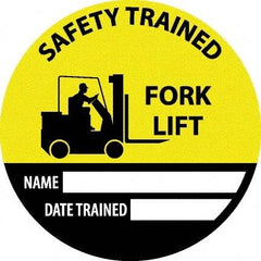 NMC - Safety Trained Fork Lift - Name ____ Date Trained ____, Hard Hat Label - Round, Yellow, Black, White, 0.004" Thick, Indoor or Outdoor, Adhesive Backed, For Accident Prevention - Exact Tool & Supply