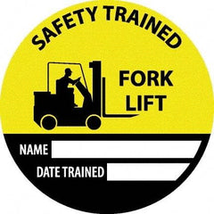 NMC - Safety Trained Fork Lift - Name ____ Date Trained ____, Hard Hat Label - Round, Yellow, Black, White, 0.004" Thick, Indoor or Outdoor, Adhesive Backed, For Accident Prevention - Exact Tool & Supply