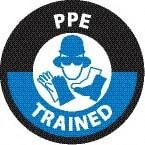 NMC - PPE Trained, Hard Hat Label - Round, Black & Blue on White, 0.004" Thick, Indoor or Outdoor, Adhesive Backed, For Accident Prevention - Exact Tool & Supply