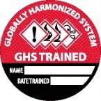 NMC - Globally Harmonized System GHS Trained - Name ____ Date Trained ____, Hard Hat Label - Round, Black & White on Red, 0.004" Thick, Indoor or Outdoor, Adhesive Backed, For Accident Prevention - Exact Tool & Supply