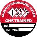 NMC - Globally Harmonized System GHS Trained - Name ____ Date Trained ____, Hard Hat Label - Diamond, Black & White on Red, 0.004" Thick, Indoor or Outdoor, Adhesive Backed, For Accident Prevention - Exact Tool & Supply