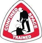 NMC - Confined Space Trained, Hard Hat Label - Triangle, Black & Red on White, 0.004" Thick, Indoor or Outdoor, Adhesive Backed, For Accident Prevention - Exact Tool & Supply