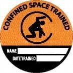 NMC - Confined Space Trained - Name ____ Date Trained ____, Hard Hat Label - Round, Black & Orange on White, 0.004" Thick, Indoor or Outdoor, Adhesive Backed, For Accident Prevention - Exact Tool & Supply
