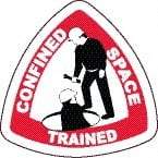 NMC - Confined Space Trained, Hard Hat Label - Triangle, Black & Red on White, 0.004" Thick, Indoor or Outdoor, Adhesive Backed, For Accident Prevention - Exact Tool & Supply