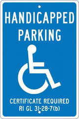 NMC - "Handicapped Parking Certificate Required", "Handicap Symbol", 12" Wide x 18" High, Aluminum ADA Signs - 0.063" Thick, White on Blue, Rectangle, Post Mount - Exact Tool & Supply