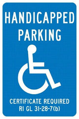 NMC - "Handicapped Parking Certificate Required", "Handicap Symbol", 12" Wide x 18" High, Aluminum ADA Signs - 0.04" Thick, White on Blue, Rectangle, Post Mount - Exact Tool & Supply