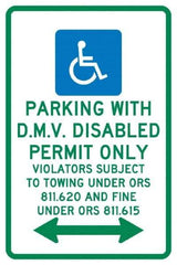 NMC - "Parking With D.M.V. Disabled Permit Only", "Double Arrow, Handicapped Symbol", 12" Wide x 18" High, Aluminum ADA Signs - 0.04" Thick, Green & Blue on White, Rectangle, Post Mount - Exact Tool & Supply