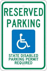 NMC - "Reserved Parking State Disabled Parking Permit Required", "Handicap Symbol", 12" Wide x 18" High, Aluminum ADA Signs - 0.08" Thick, Green & Blue on White, Engineer Grade Reflectivity, Rectangle, Post Mount - Exact Tool & Supply