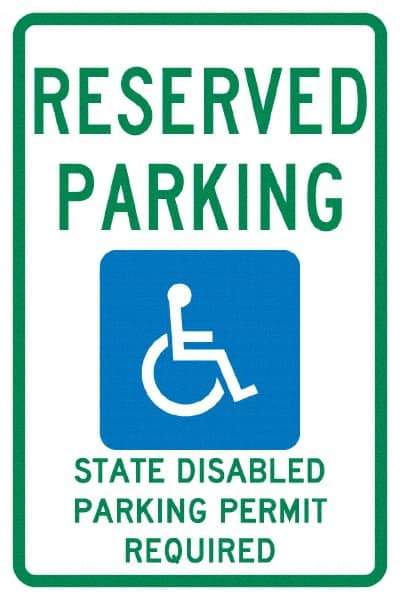 NMC - "Reserved Parking State Disabled Parking Permit Required", "Handicap Symbol", 12" Wide x 18" High, Aluminum ADA Signs - 0.04" Thick, Green & Blue on White, Rectangle, Post Mount - Exact Tool & Supply