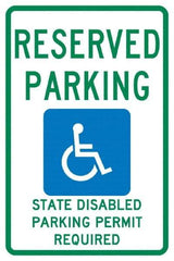 NMC - "Reserved Parking State Disabled Parking Permit Required", "Handicap Symbol", 12" Wide x 18" High, Aluminum ADA Signs - 0.04" Thick, Green & Blue on White, Rectangle, Post Mount - Exact Tool & Supply