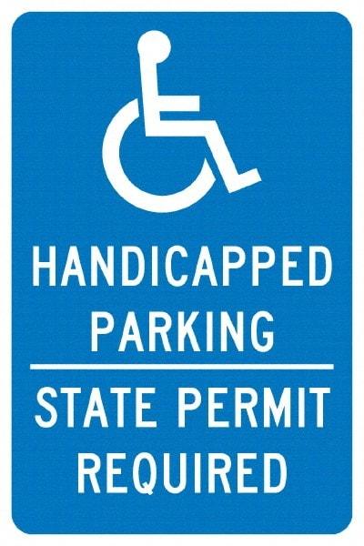 NMC - "Handicapped Parking State Permit Required", "Handicap Symbol", 12" Wide x 18" High, Aluminum ADA Signs - 0.04" Thick, White on Blue, Rectangle, Post Mount - Exact Tool & Supply