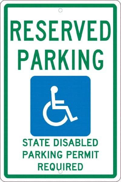 NMC - "Reserved Parking State Disabled Parking Permit Required", "Handicap Symbol", 12" Wide x 18" High, Aluminum ADA Signs - 0.063" Thick, Green & Blue on White, Rectangle, Post Mount - Exact Tool & Supply