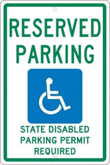 NMC - "Reserved Parking State Disabled Parking Permit Required", "Handicap Symbol", 12" Wide x 18" High, Aluminum ADA Signs - 0.063" Thick, Green & Blue on White, Rectangle, Post Mount - Exact Tool & Supply