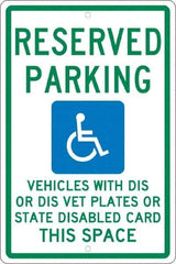 NMC - "Reserved Parking Vehicles With Dis Or Dis Vet Plates Or State Disabled Card This Space", "Handicap Symbol", 12" Wide x 18" High, Aluminum ADA Signs - 0.063" Thick, Green & Blue on White, Rectangle, Post Mount - Exact Tool & Supply