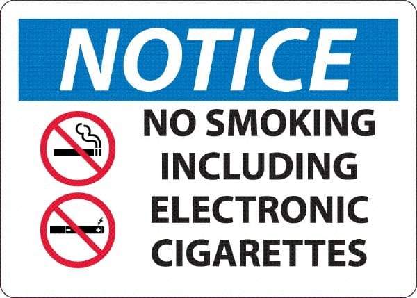 NMC - "No Smoking Including Electronic Cigarettes", 10" Long x 14" Wide, Rigid Plastic Safety Sign - Rectangle, 0.045" Thick, Use for Smoking Regulations - Exact Tool & Supply
